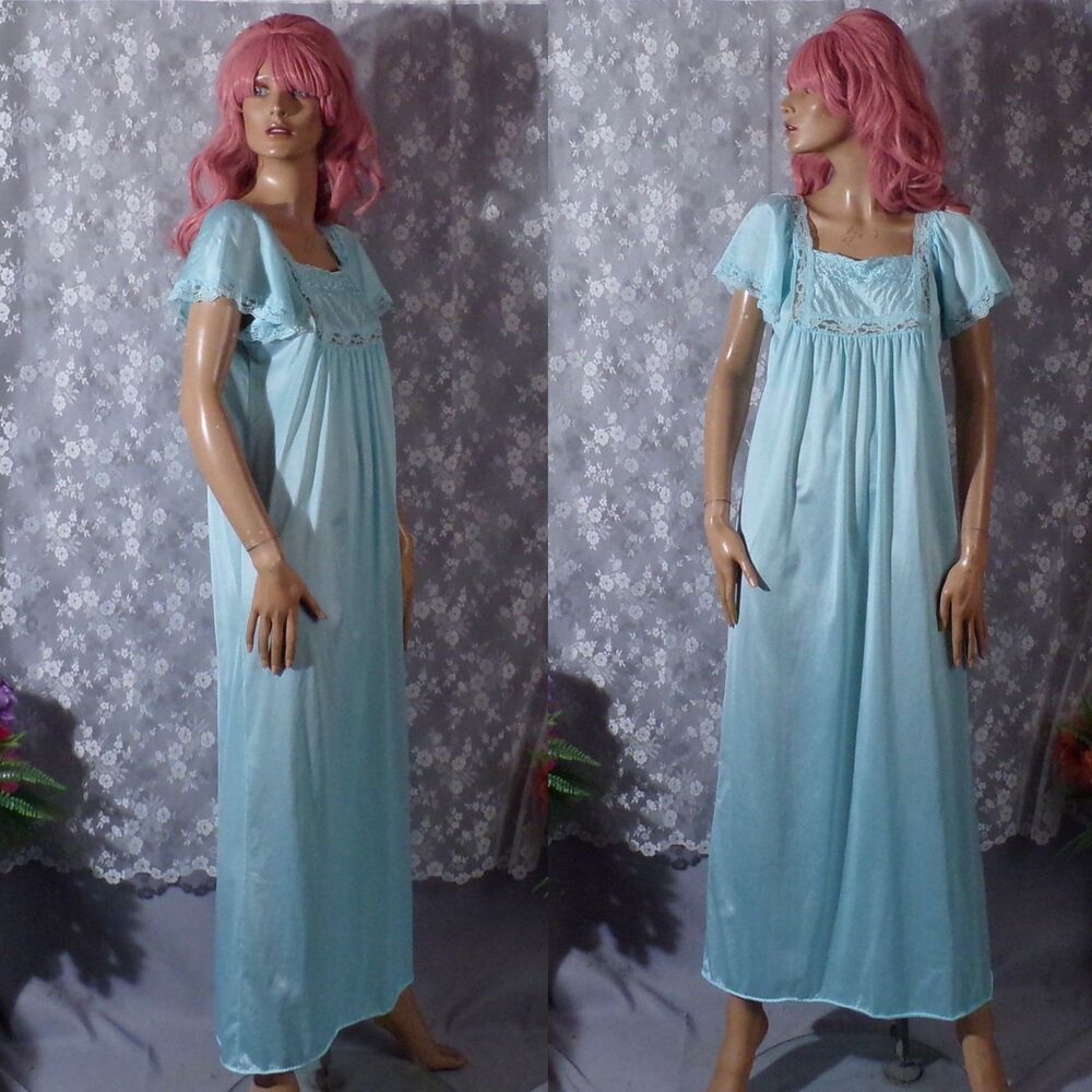 Vintage 70s Maxi Nightgown Size Medium 1970s Retro Aqua Lace Long Romantic